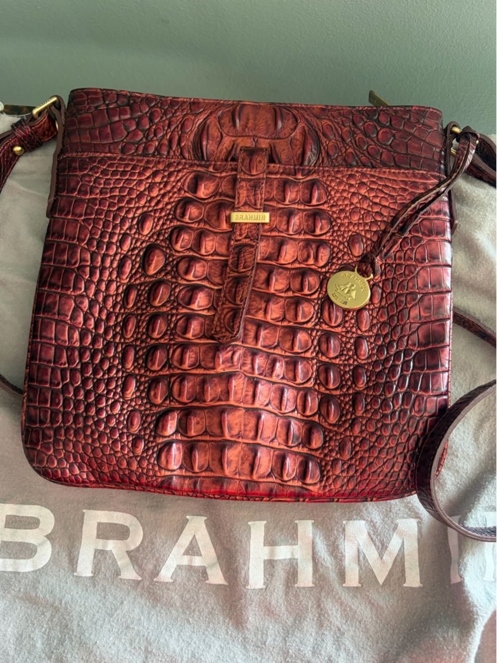 Brahmin Crossbody or Shoulder Bag in Red/Copper Color with Croc Embossed Leather